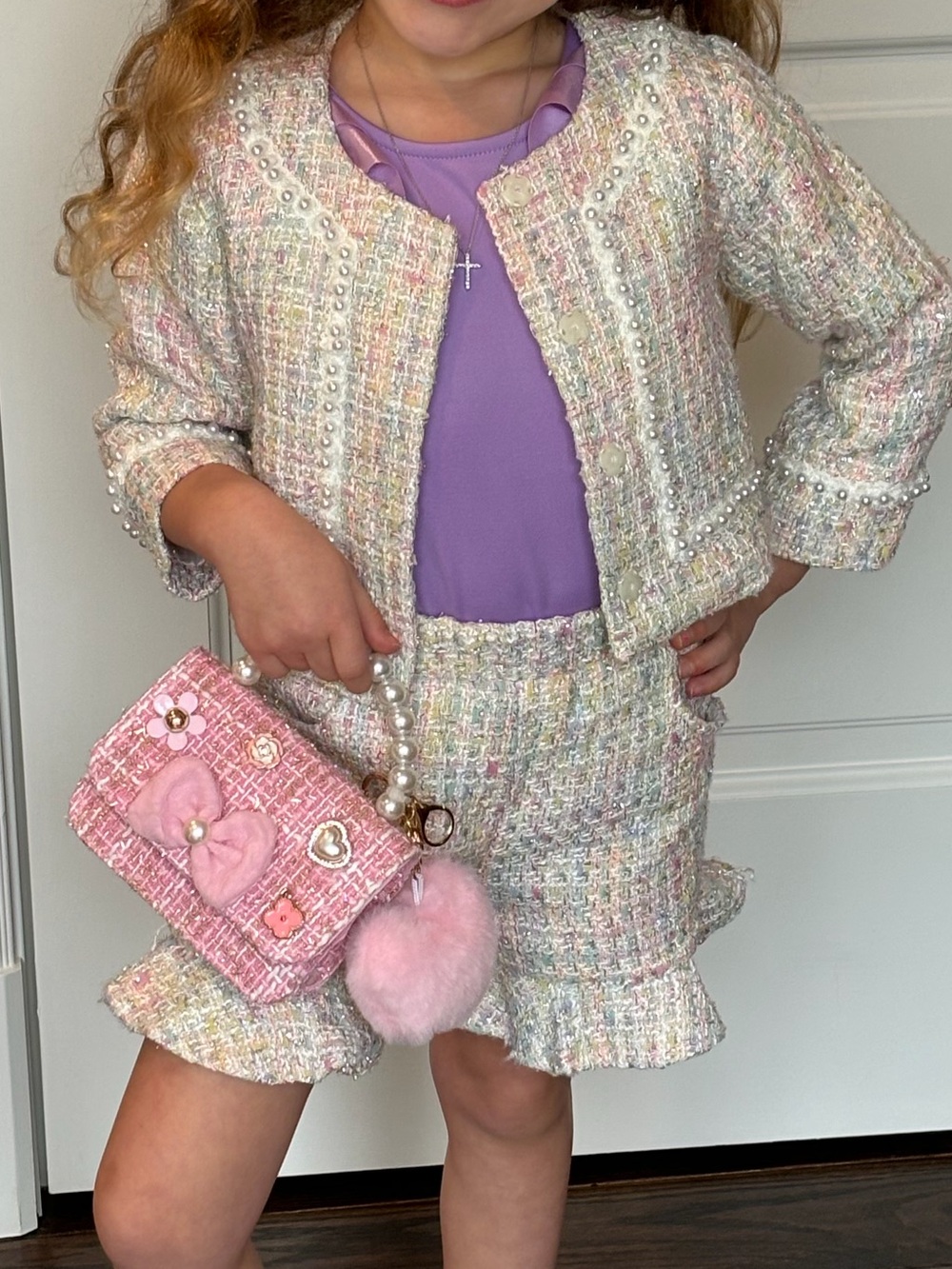 Pastel Tweed Girls Matching Jacket & Ruffle Shorts Set